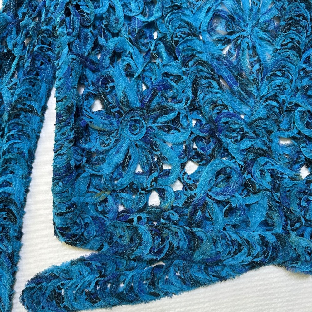 Chico's Silk Jacket Sz 0 S Talula Flower Bell Open Knit Boho Mermaidcore Artsy - Picture 9 of 12